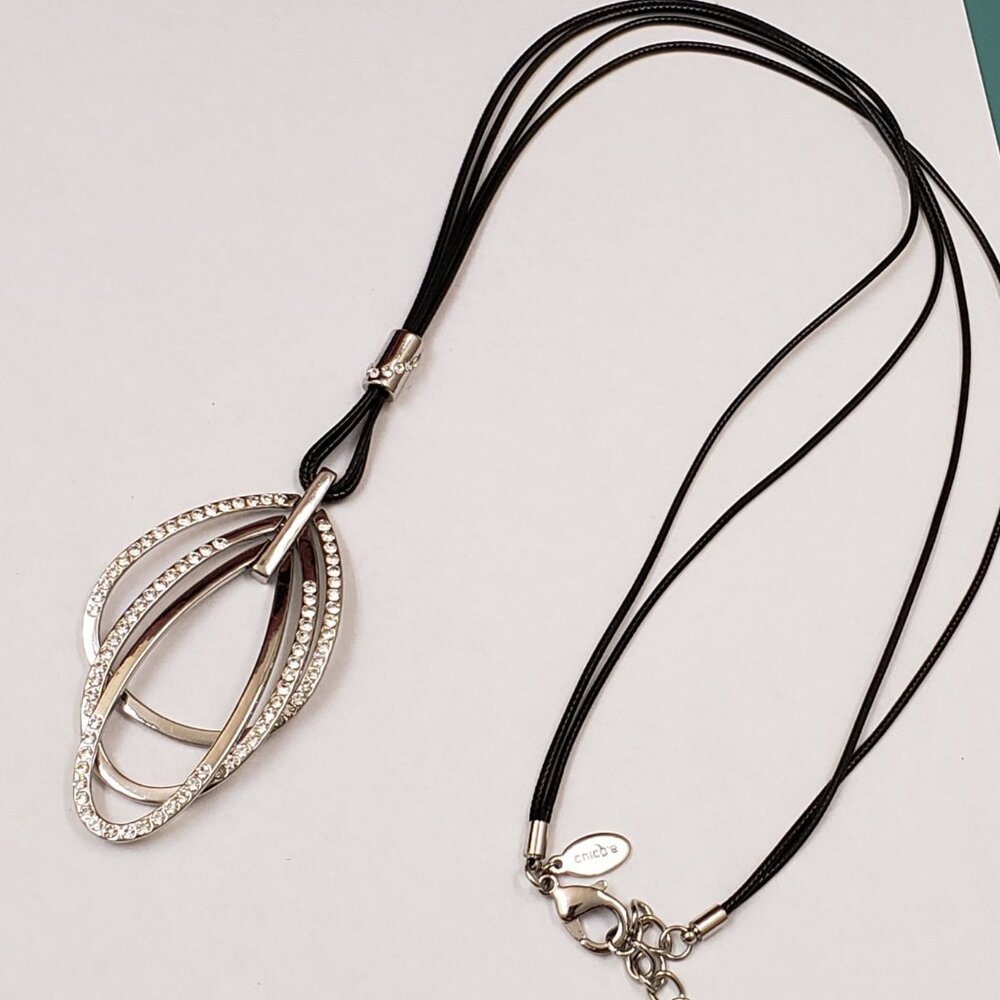 Chico's, NWOT, black cord multi strand silver rhinestone oblong pendant necklace